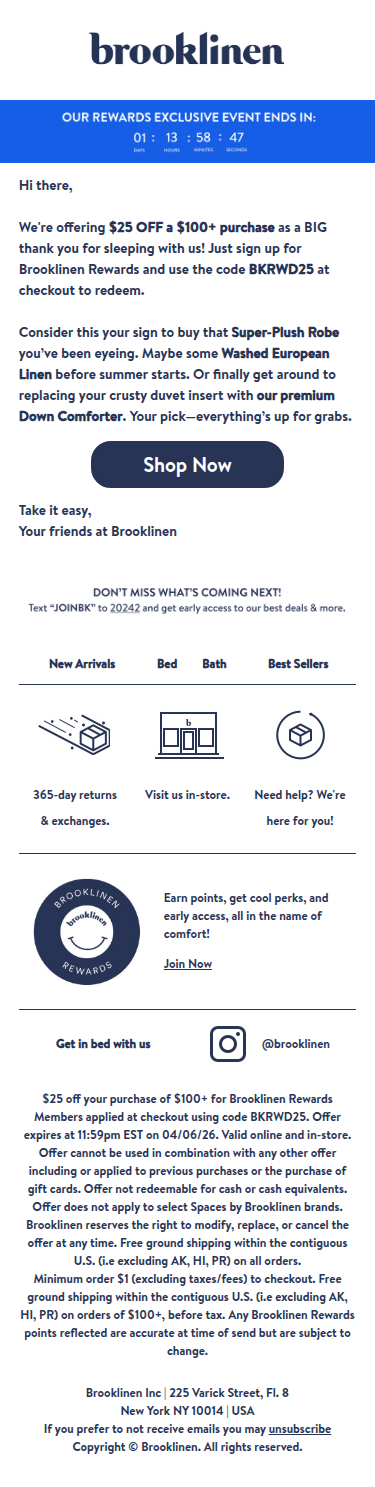 Get $25 OFF when you join Brooklinen Rewards!