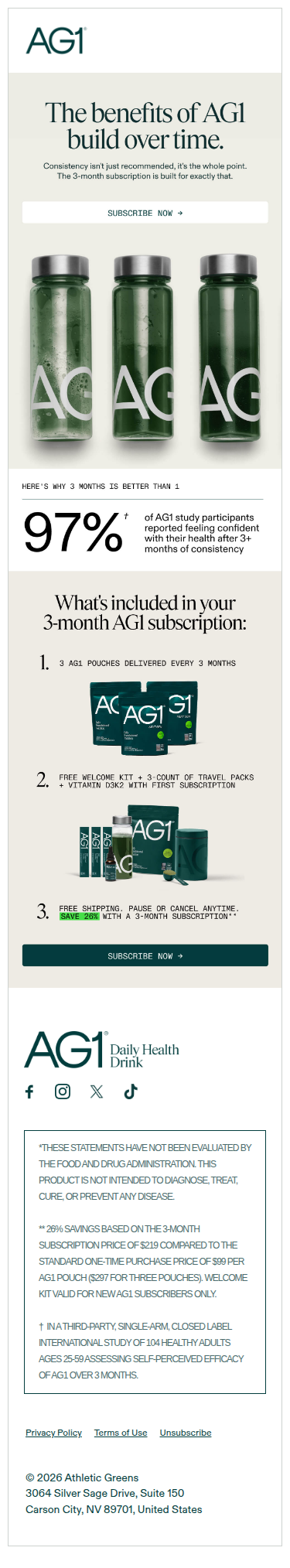 The benefits of AG1 don't happen overnight. Here's the sweet spot.