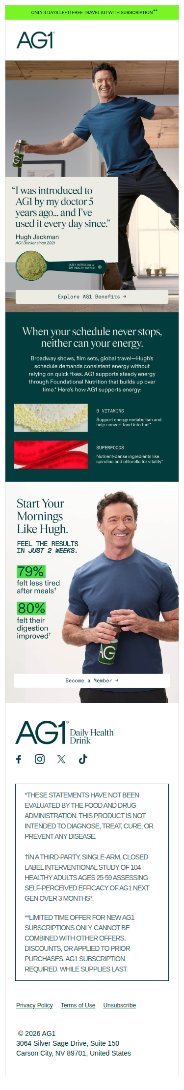 Hugh Jackman drinks AG1 daily.