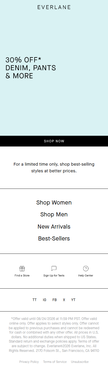 30% Off Denim, Pants & More