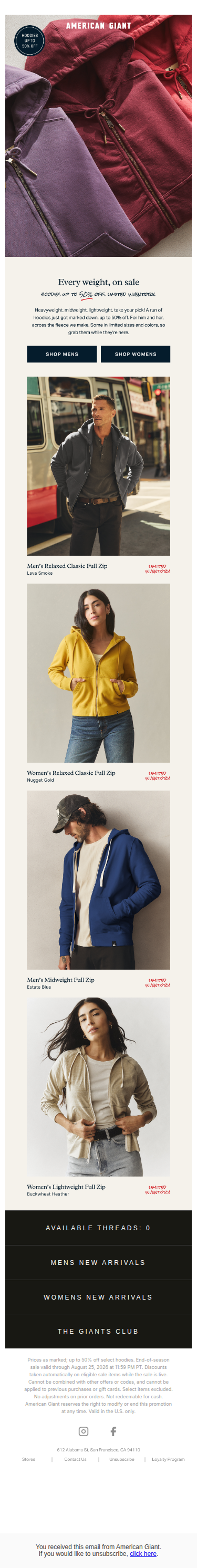 Hoodies up to 50% off, while they last.