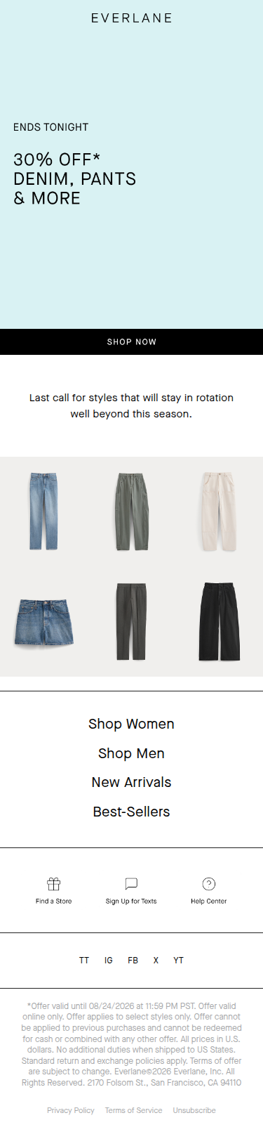 Few Hours Left: 30% Off Bottoms & Denim